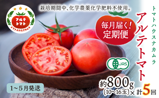 [2026年1〜5月頃発送][定期便5回][アルテトマト 約800g(10-16玉)×5箱]計約4kg フルーツトマト 栽培期間中化学農薬・化学肥料不使用 高知県 トマトハウスナカムラ 牧野富太郎博士の好物 佐川町