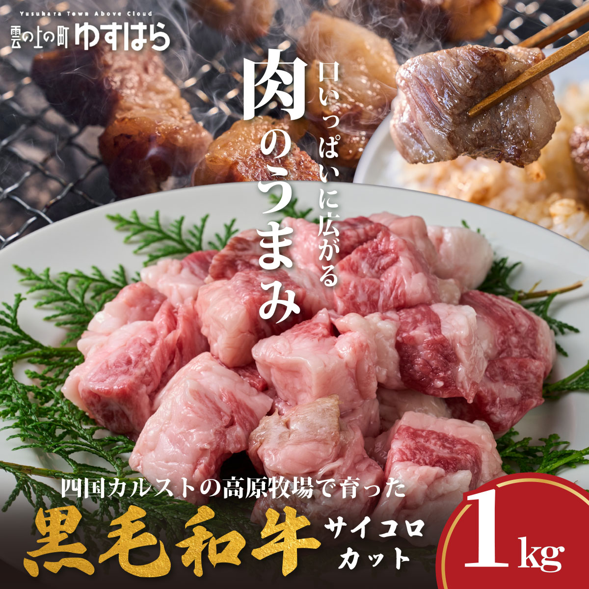 低温でも脂身がとろけるゆすはら牛サイコロカット 1kg　牛肉 和牛 黒牛 BBQ オレイン酸 高知県産