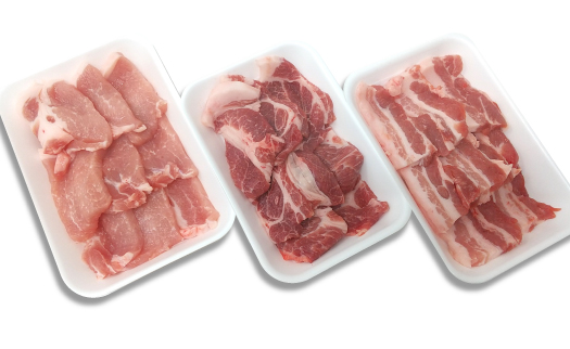平野協同畜産の「麦豚」　焼肉3種食べ比べ　600g　ロース　肩ロース　バラ　200ｇ×3パック　3～4人前／Ahc-08