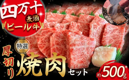 四万十麦酒牛 厚切り特選焼き肉セット（500g） モモ ウデ バラ肉 肩ロース 詰め合わせ 霜降り 赤身 麦酒牛 ビール牛 冷凍／Asz-07