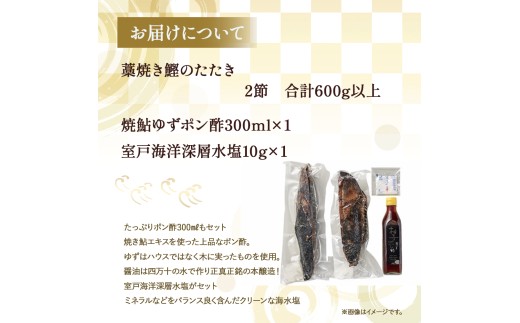 藁焼き かつおタタキ 2節セット（600g） わら焼き 6人前 高知 藁焼き 戻り鰹 鰹 船上凍結 鮮度良好 ポン酢付き タレ付き 四万十町 小分け 冷凍／Ess-17 