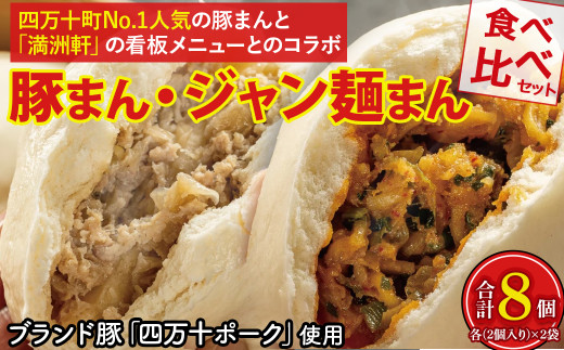 四万十町No.1人気の豚まん食べ比べセット　豚まん2袋×ジャン麺まん2袋 ／Qak-A42　豚まん BIGサイズ 豚肉 四万十ポーク ブランド豚 8個 8P 小分け 個包装 冷凍 お手軽 人気 国産 日付指定可能 惣菜 おやつ