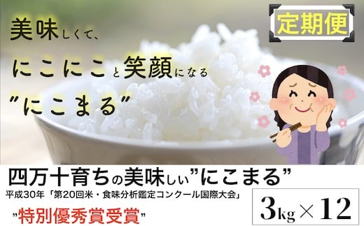 【2024年10月から発送開始】◎令和6年産新米◎四万十育ちの美味しい「仁井田米」。お米（にこまる）を定期便で 3kgを12回配達／Rbmu-B07