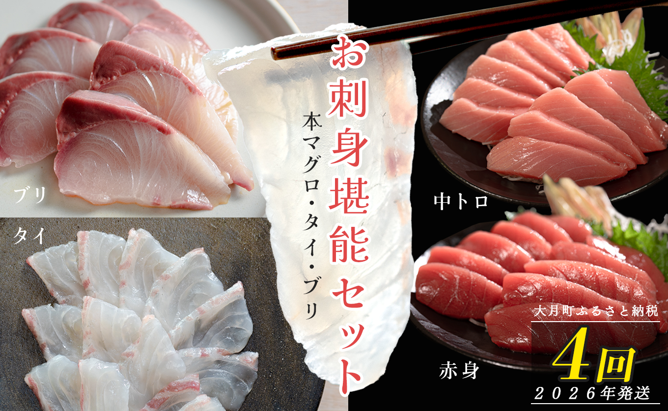 【定期便 4回】本マグロ・タイ・ブリ お刺身堪能セット