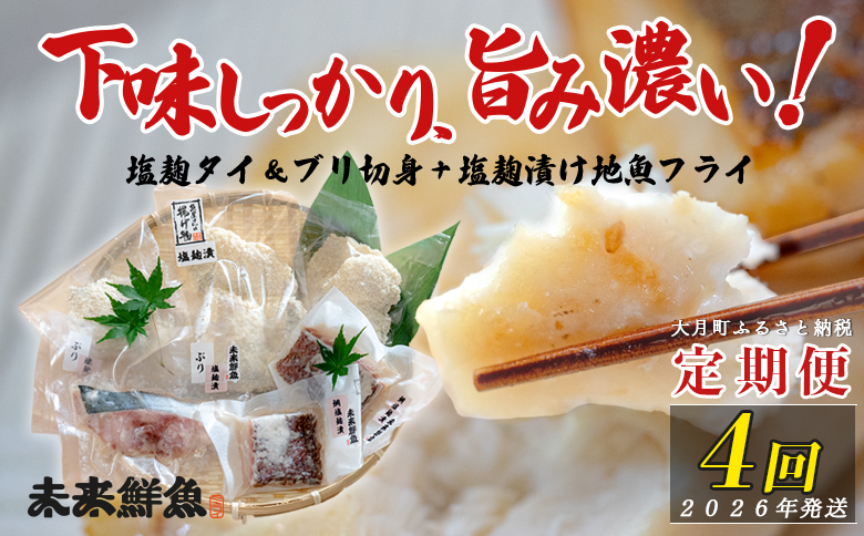 【定期便4回】塩麹に漬け込んだタイ＆ブリ＆地魚フライ｜高知県産 白身魚 鯛 魚 たい 鰤 ぶり 揚げ物 麹 米麹 塩こうじ 天日塩 おすすめ 新鮮 魚介 海鮮 ビール おつまみ ご飯 お米 おかず 冷凍 便利 時短 お取り寄せ 贈答 ギフト 国産