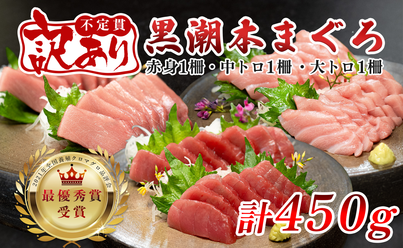 【訳アリ】養殖本マグロ 赤身 中トロ 大トロ 3種セット 450g 黒潮本まぐろ｜不定貫 不揃い 2種 刺身用 家庭用 養殖まぐろ 最優秀賞受賞 日本一 配達日指定可 本まぐろ まぐろ 鮪 訳あり ワケあり 小分け 丼 寿司 海鮮 魚 柵 産地直送