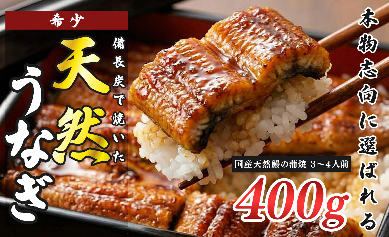 希少 天然 鰻 蒲焼 約3～4人前 400g 国産 四万十川 うなぎ ウナギ  蒲焼き ウナギ蒲焼 鰻蒲焼 うな重 備長炭 炭火 炭火焼き 冷凍 湯せん 小分け 贈答 お取り寄せ ギフトご褒美 簡単 土用の丑の日 高知県 大月町
