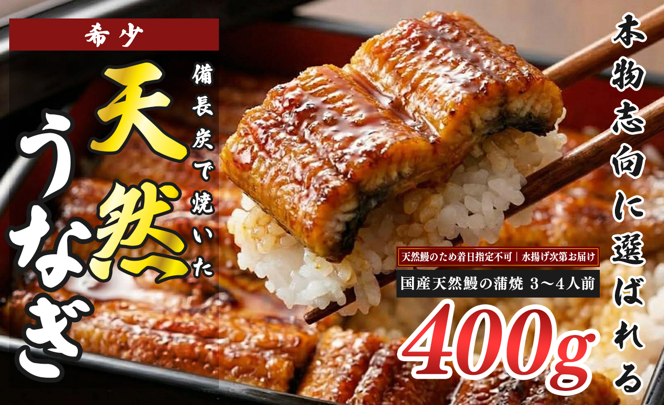 希少 天然 鰻 蒲焼 約3～4人前 400g 国産 四万十川 うなぎ ウナギ  蒲焼き ウナギ蒲焼 鰻蒲焼 うな重 備長炭 炭火 炭火焼き 冷凍 湯せん 小分け 贈答 お取り寄せ ギフトご褒美 簡単 土用の丑の日 高知県 大月町