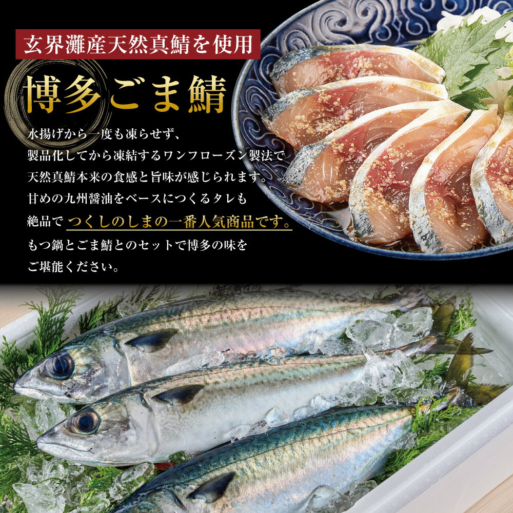 博多もつ鍋 （和風だし醤油味）＆ごま鯖 和牛モツたっぷり400g 3～4人前、博多ごま鯖2P