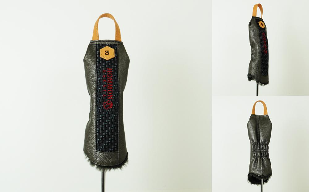 博多革工房HOMMONが作ったゴルフウッド用ヘッドカバー【博多織・牛革コンビ】：ダークグレー＃X