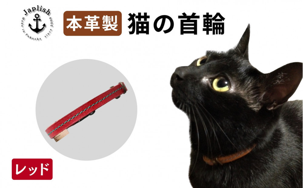 レザーの猫首輪 子猫～成猫対応 博多革工房 Japlish ジャプリッシュ【レッド】