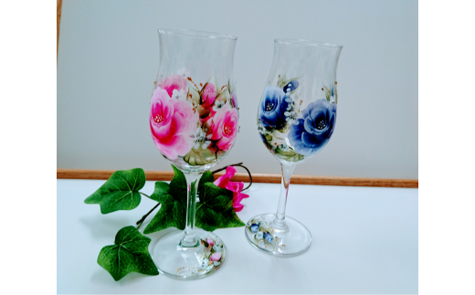 【D5-041】手描き薔薇のペアワイングラス