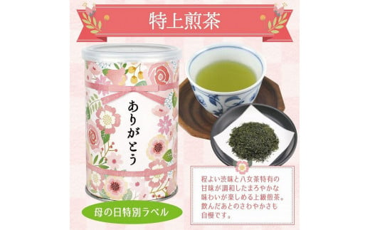 【母の日ギフト】 八女茶100％ 特上煎茶 入り「ありがとう」缶 100g ×2 感謝のメッセージカード ミニカーネーション 付き