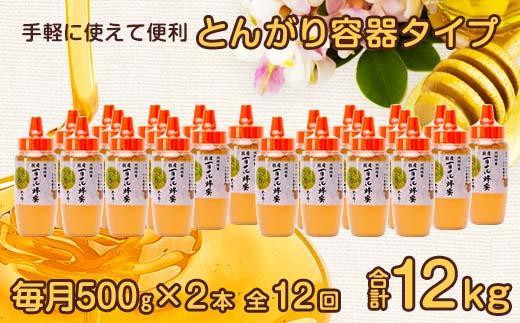 【全12回】 定期便 かの蜂 国産 百花蜂蜜 合計12kg（とんがり容器500gを毎月2本お届け）