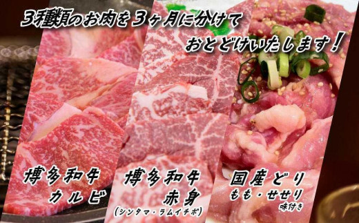 【ごはんのおともセレクト】BBQにもおすすめ！博多和牛＆とり焼肉３種食べ比べ定期便【全３回】