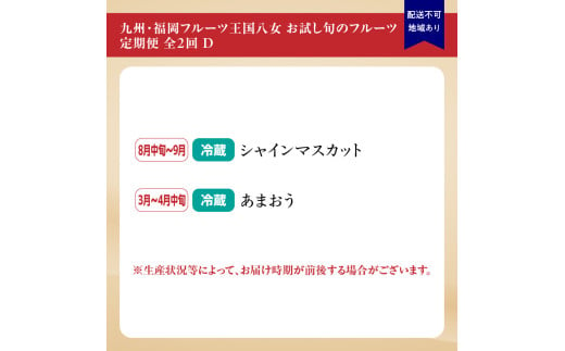 九州・福岡フルーツ王国八女　お試し旬のフルーツ定期便【全２回】 B｜＜配送不可：北海道・沖縄・離島＞　あまおう シャインマスカット いちご 苺 果物 先行予約