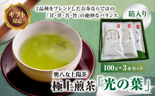 【ギフト用】奥八女上陽茶　極上煎茶「光の葉」100ｇ×3本セット箱