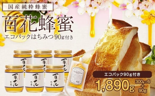 かの蜂 国産 百花 蜂蜜 1.8kg（300g×6本）純粋はちみつ　※エコパックはちみつ90g付き