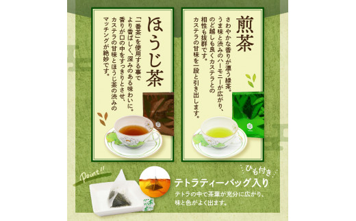 福砂屋のキューブ抹茶カステラと健祥の煎茶とほうじ茶詰め合わせ