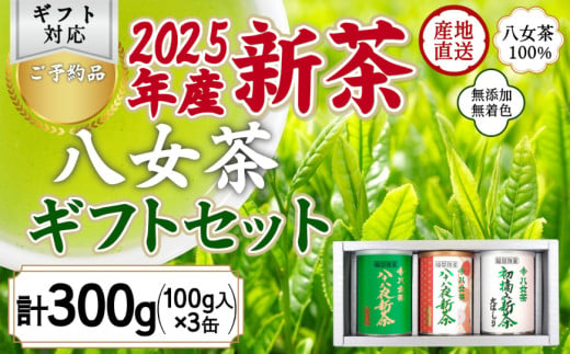 【予約品 ギフト対応】2025年産 八女茶100％新茶 ３種ギフト 100g缶詰 ３缶入｜2025年5月初旬頃発送