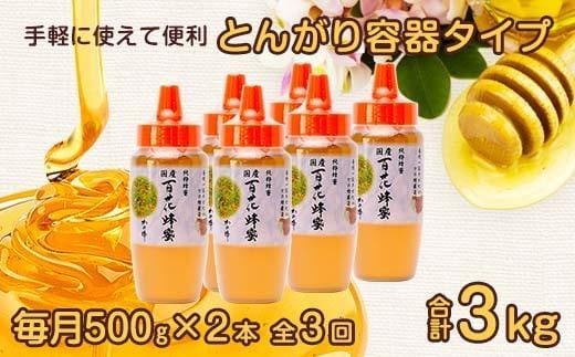 【全3回】 定期便 かの蜂 国産 百花蜂蜜 合計3kg（とんがり容器500gを毎月2本お届け）