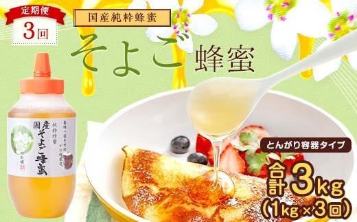 【全3回】 定期便 かの蜂 国産 そよご蜂蜜 合計3kg（とんがり容器1kgを毎月1本お届け）