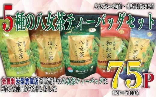 八女茶の老舗・古賀製茶本舗　5種類のティーバッグ　たっぷり75包入り