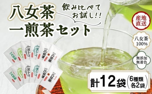 八女茶100％ 飲み比べも楽しいお試しセット12袋！ 急須１回分７gが12袋 【メール便】 八女茶 飲み比べ 緑茶 八女 お茶 茶 ポスト投函 簡易包装 訳あり