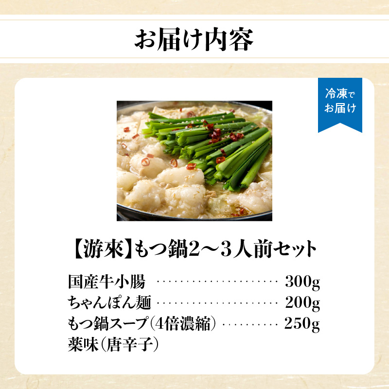 【游來】もつ鍋2～3人前セット モツ もつ ホルモン 鍋 新感覚 スープ 〆付き 麺 ちゃんぽん麺 セット 冷凍配送 簡単 調理 福岡県 八女市