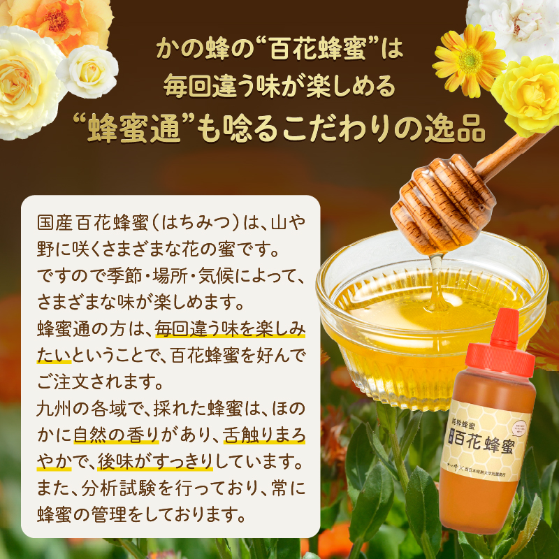 国産百花蜂蜜1kg（500gとんがり容器×2本）【ふるさと愛プロジェクト】 ハチミツ 非加熱 純粋はちみつ ハニー 福岡県 八女市 保存食 防災グッズ 非常食 ボトル
