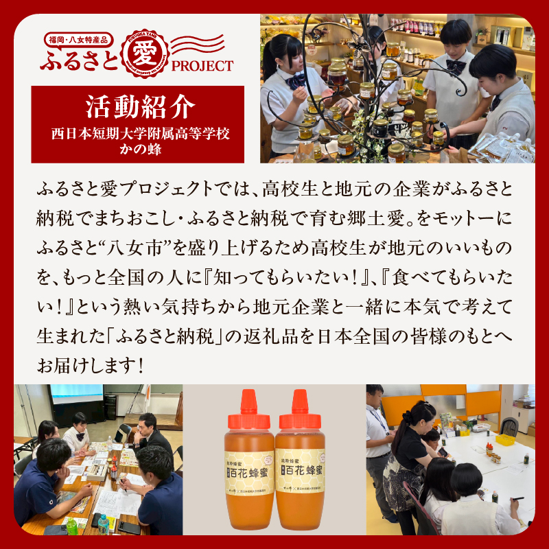 国産百花蜂蜜1kg（500gとんがり容器×2本）【ふるさと愛プロジェクト】 ハチミツ 非加熱 純粋はちみつ ハニー 福岡県 八女市 保存食 防災グッズ 非常食 ボトル