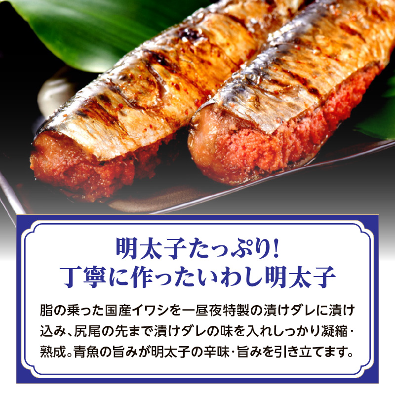 【博多漁師の里】福岡名物！いわし明太子２０尾（５尾×４パック）化粧箱入り 国産真いわし使用 化粧箱入り　国産真いわし使用 鰯 イワシ 旬 魚 めんたいこ ご飯のお供 おつまみ おかず 冷凍 真空パック 便利 簡単調理 美味しい