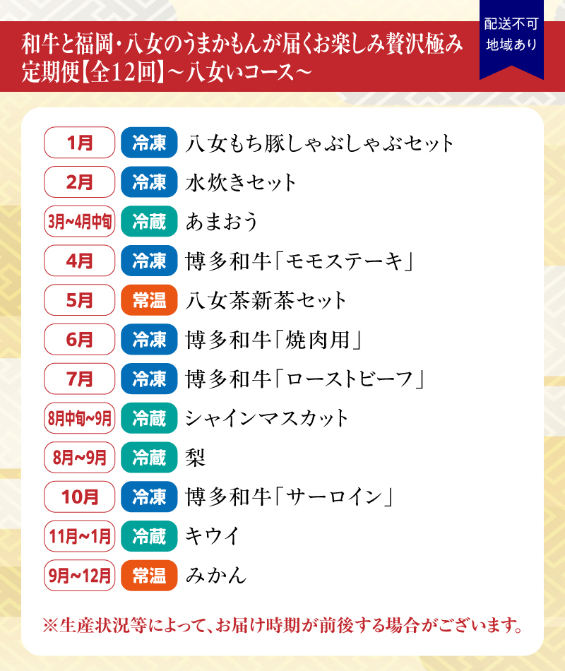 和牛と福岡･八女のうまかもんが届く お楽しみ贅沢極み定期便【全12回】～八女いコース～ ＜配送不可：北海道・沖縄・離島＞ フルーツ 定期便 12回 あまおう いちご シャインマスカット 梨 みかん 博多和牛 牛肉 豚肉 水炊き お茶 新茶 季節のフルーツ 果物 おすすめ セット 産地直送 福岡県 八女市
