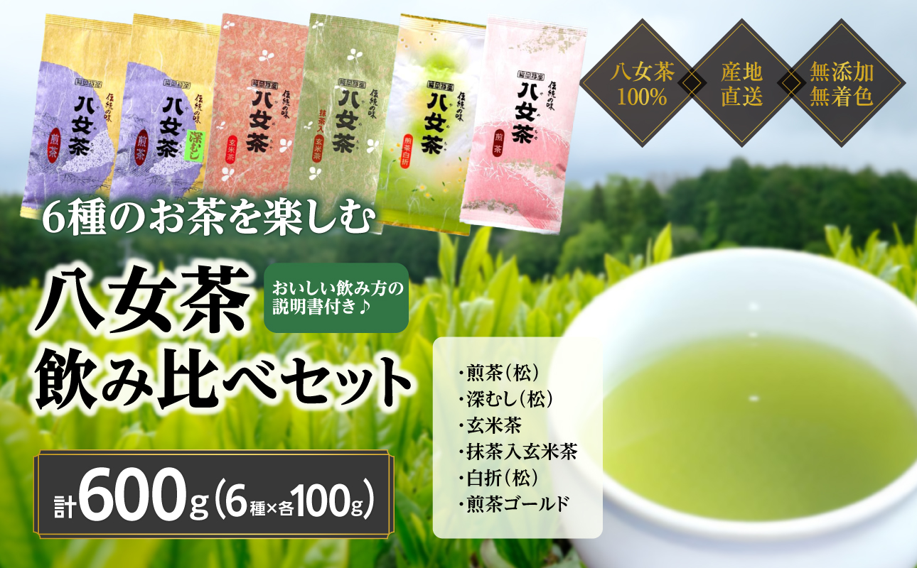 八女茶100％ お茶の世界を楽しむ！６種の茶葉飲み比べセット 100g×6袋＜岩崎園製茶＞ 茶 日本茶 お茶 煎茶 緑茶 茶葉 八女茶 飲み比べ 福岡県 八女市