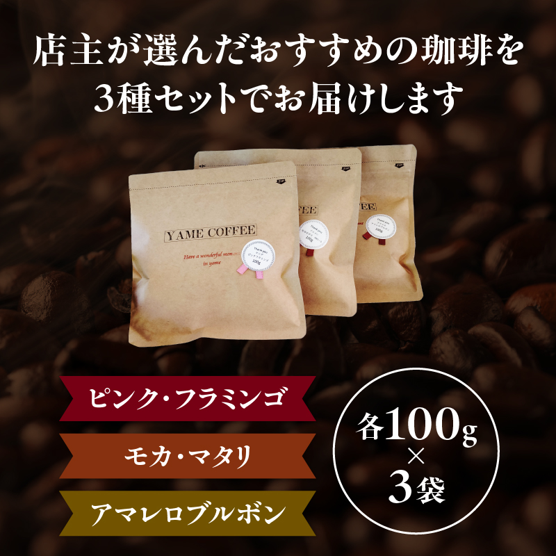 レギュラーコーヒー【豆】3種詰め合わせセット（店主が選んだおすすめ珈琲）【レターパック】 コーヒー 珈琲 豆 コーヒー豆 深煎り すっきり お家カフェ リラックス 福岡県 八女市