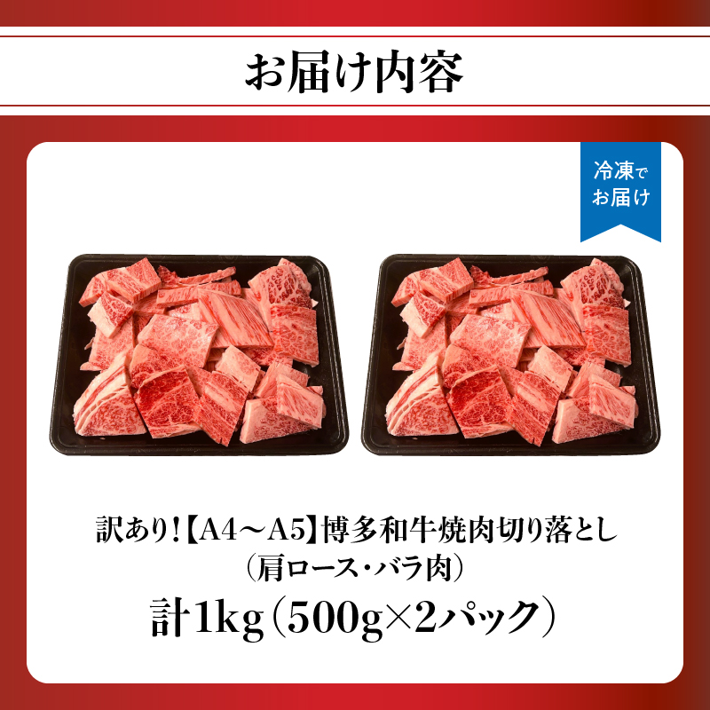 訳あり！【A4～A5】博多和牛焼肉切り落とし(肩ロース・バラ） 1kg(500g×2p) 肉 お肉 和牛 黒毛和牛 博多和牛 A4 A5 焼肉 BBQ バーベキュー 肩ロース バラ カルビ 贈り物 化粧箱 福岡県 八女市
