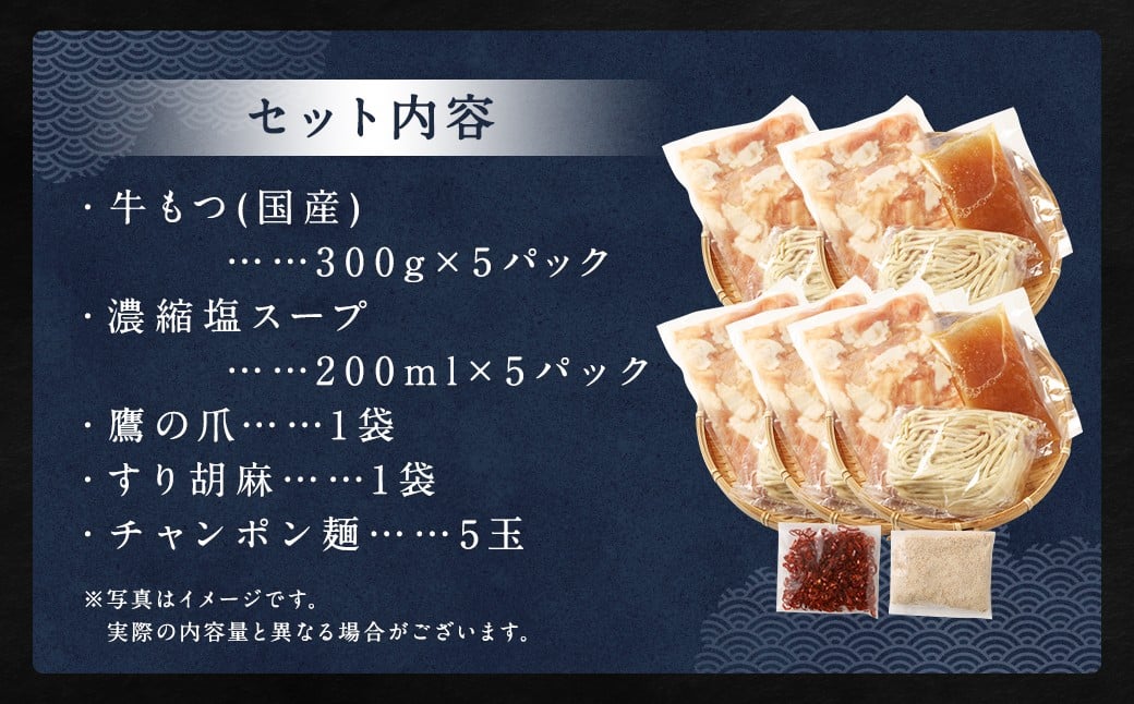 ダルム屋名物【国産】塩モツ鍋 15人前（3人前×5） 塩 牛 もつ モツ 鍋 ちゃんぽん 麺 セット 牛 小腸 国産 冷凍