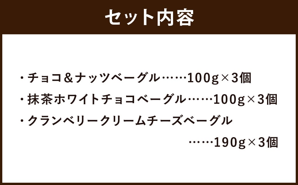 チョコ＆ナッツベーグル・抹茶ホワイトチョコ ベーグル・クランベリークリームチーズベーグル  計9個 セット ベーグル 冷凍