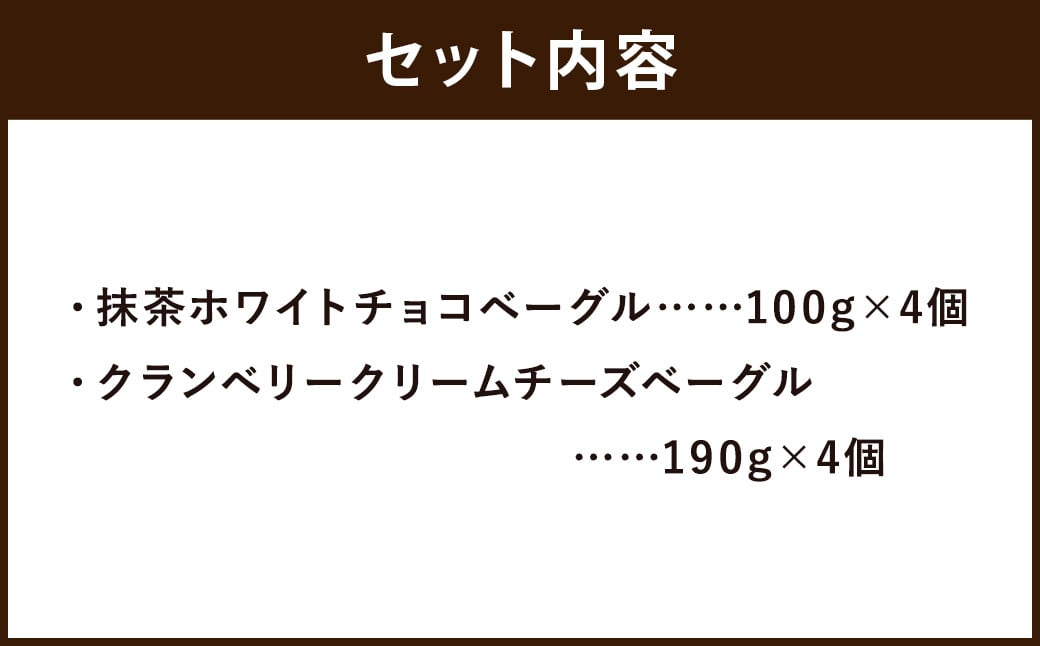 抹茶ホワイトチョコベーグル・クランベリークリームチーズベーグル 計8個 セットベーグル  冷凍