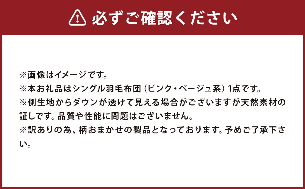 シングル 羽毛 肌掛け ふとん （ ダウン85% ・ 充填量300g ・ ピンク ・ ベージュ系 ）  訳あり 柄おまかせ 洗える羽毛 ふとん 羽毛布団 収納ケース付き 良質 ダックダウン 布団 福岡県 筑後市