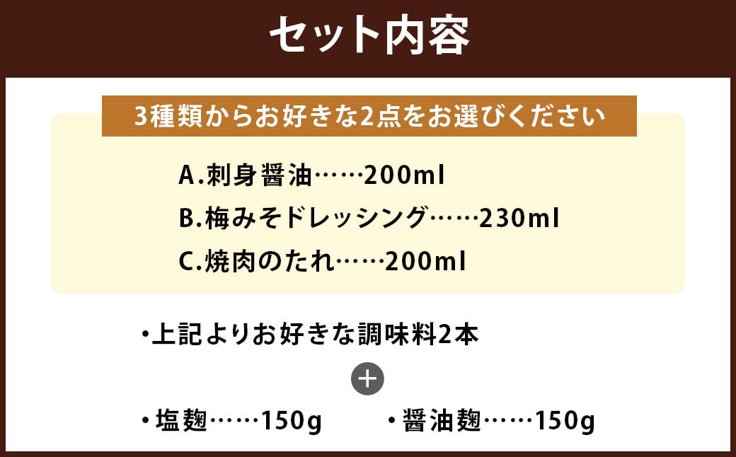 【選べる】さっと使える 栄養味噌製作の調味料 2種類と 塩麹・醤油麹のセット 計4点 / 調味料 麹 醤油 ドレッシング タレ セット 冷蔵