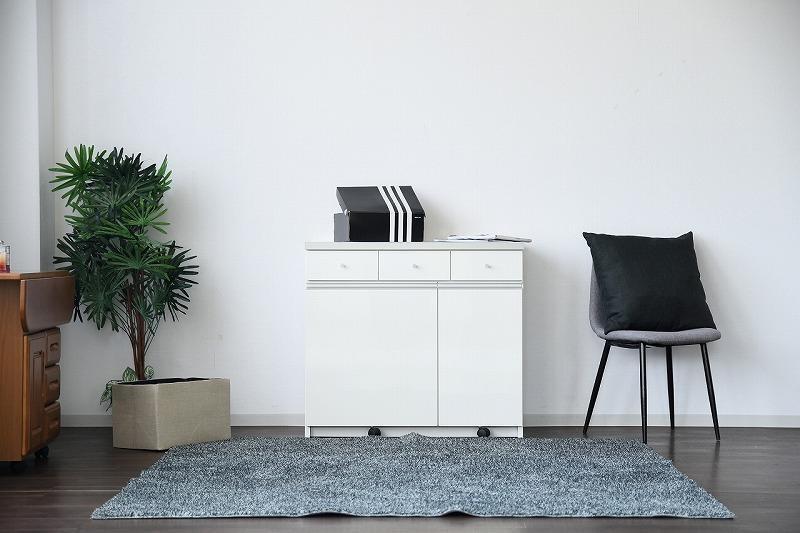 大川家具 ゴミ箱 カウンター ダストカウンター 幅90cm コンセント付き ゴミの分別ができる【ホワイト】