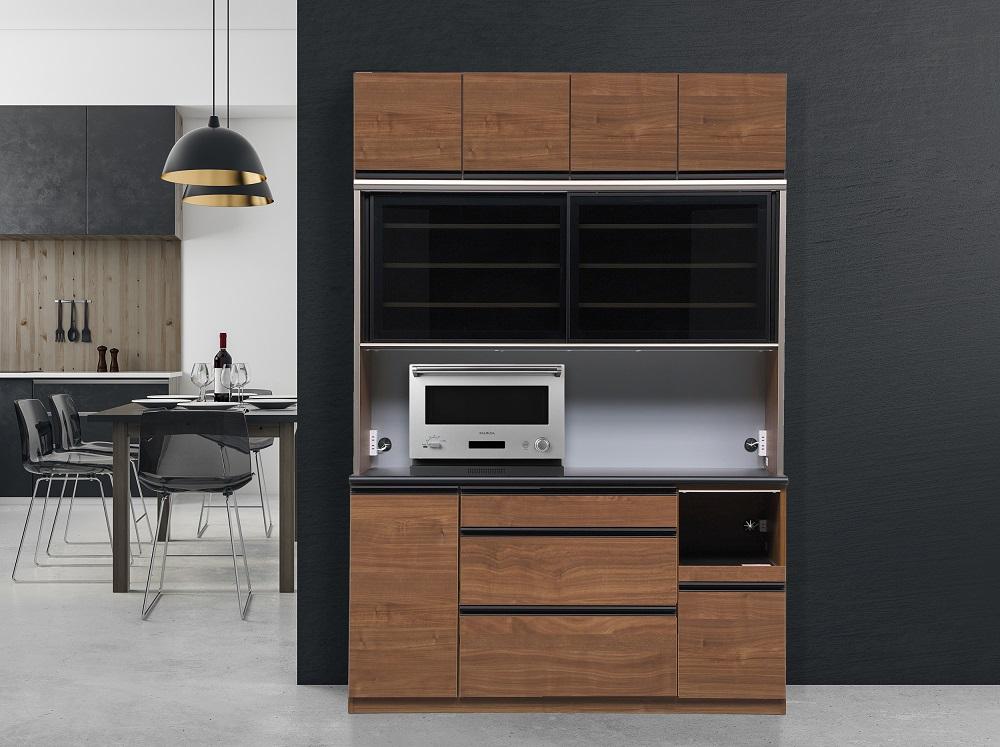 （ウォールナット柄）【開梱設置】 クロノス キッチンボード 上置き付 幅160cm キッチンボード 引き戸 食器棚 オープンボード 完成品 カップボード ダイニングボード 160幅 大川家具