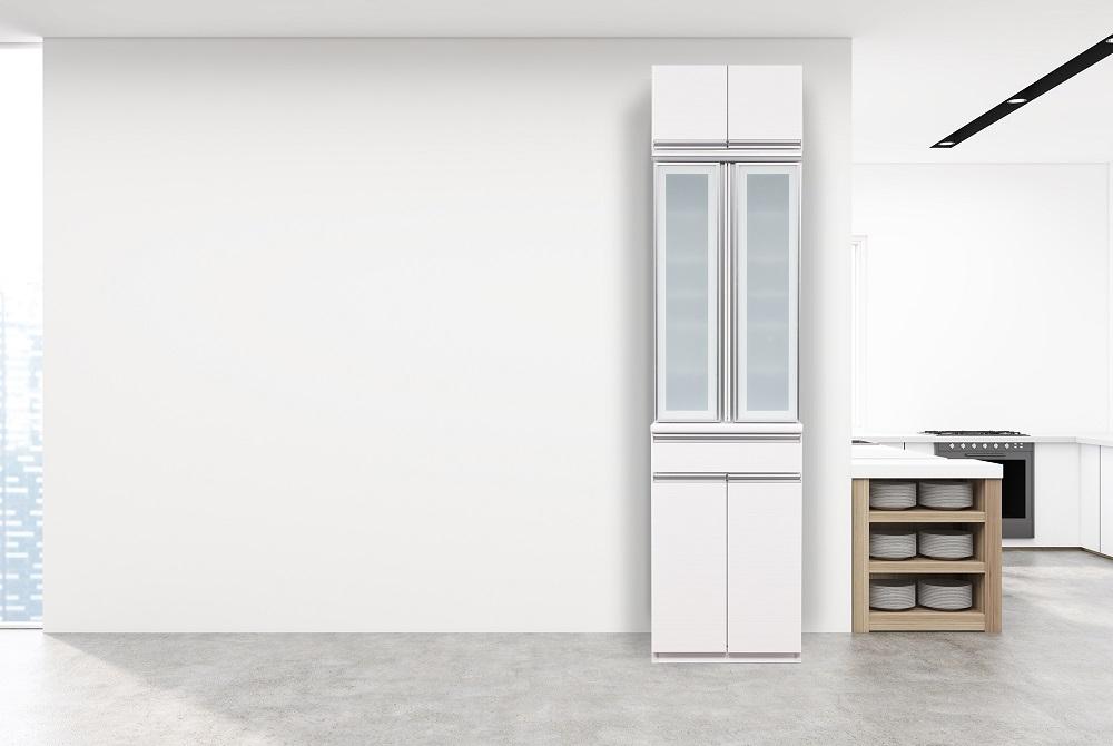 （ホワイト柾目）【開梱設置/受注製作】 ネオ ハイタイプ 食器棚 幅60cm 上置き付き 食器棚 完成品 ダイニングボード スリム 大川家具 キッチンボード