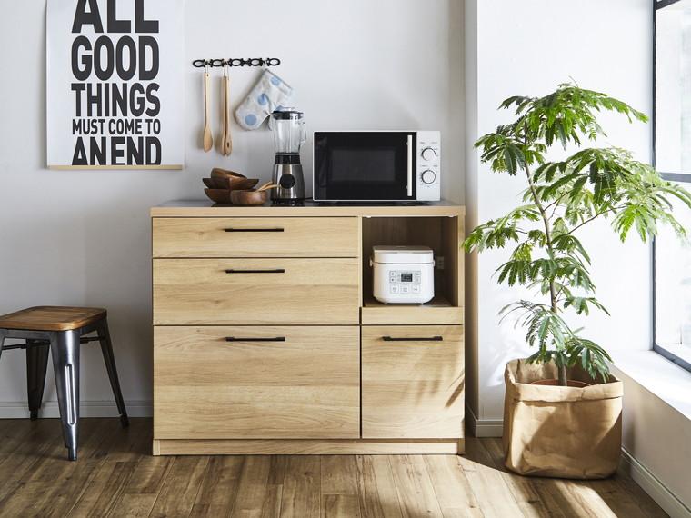 （ナチュラル）【開梱設置】 紗々 キッチンカウンター ステンレス天板 幅105cm レンジボード レンジ台 完成品 キッチン収納 105幅 国産 大川家具 日本製