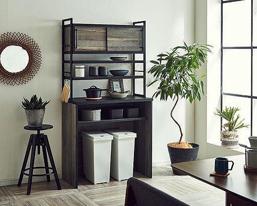 【開梱設置】食器棚 レンジ台 アイン 上台引き戸タイプ 幅89.7cm ブルックリン キッチンボード ゴミ箱収納 ダスト収納 キッチン収納 おしゃれ 大川家具 幅90cm 収納家具 アイアンフレーム