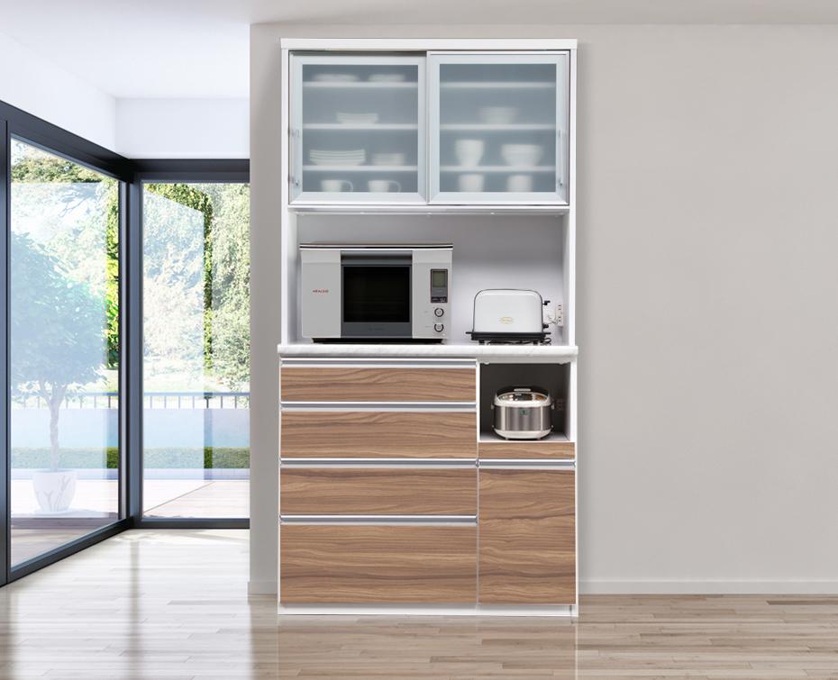 （キングウッド）【開梱設置】 ルシエル レンジボード 幅105cm 大理石調 食器棚 引き戸 キッチンボード レンジ台 完成品 スリム ダイニングボード 大川家具 日本製