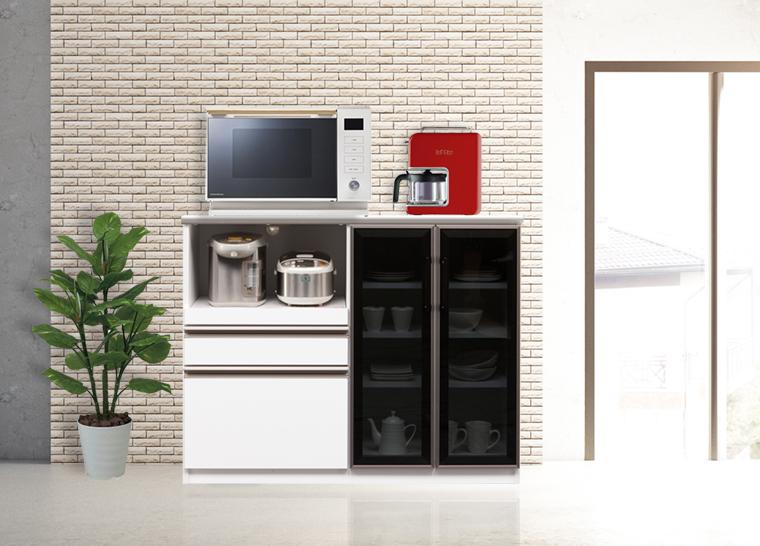 （ホワイト）【開梱設置】 ゼブラ キッチンカウンター 幅120cm キッチン収納 レンジ台 完成品 大型レンジ対応 ブラック スライド 大川家具 日本製