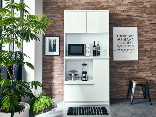 【開梱設置】食器棚 レンジ台 幅88.8cm ナポリ 鏡面ホワイト フルカスタム（モイス・コンセント・開き戸耐震ラッチ・開き戸ソフトクローズ・引出ソフトクローズ） キッチンボード 幅90 家具