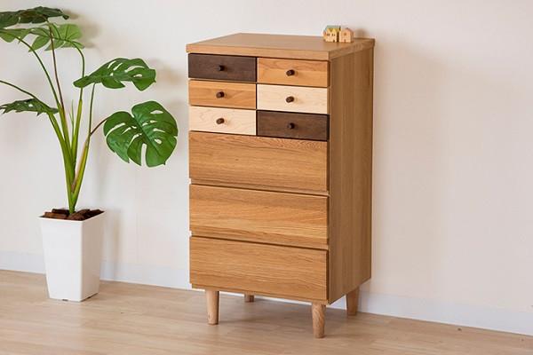 アルル50センチ幅-6段チェスト　様々な樹種の木材を組み合わせた個性的なチェスト